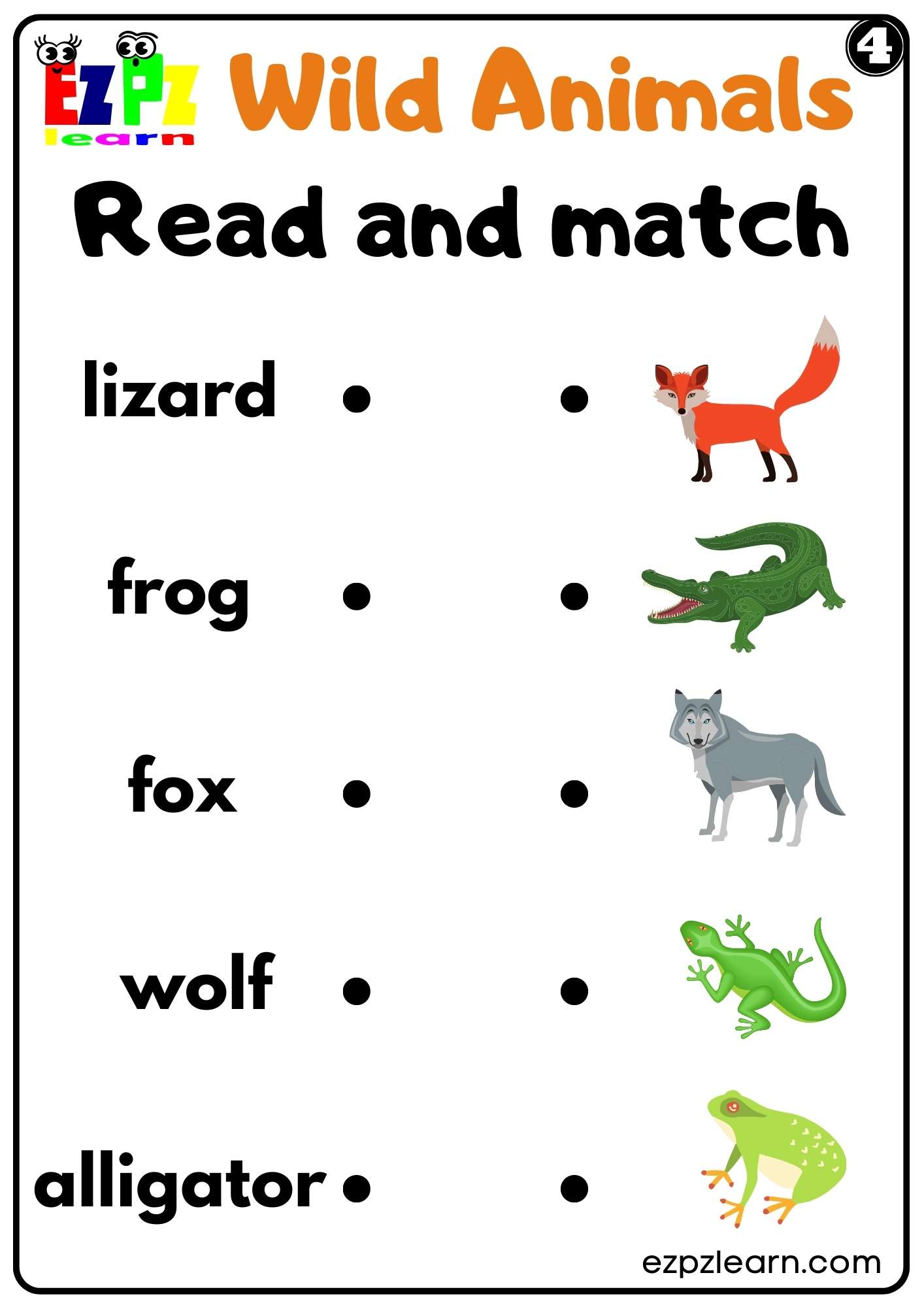 Wild animals read and match worksheet for kids and esl pdf download set 4
